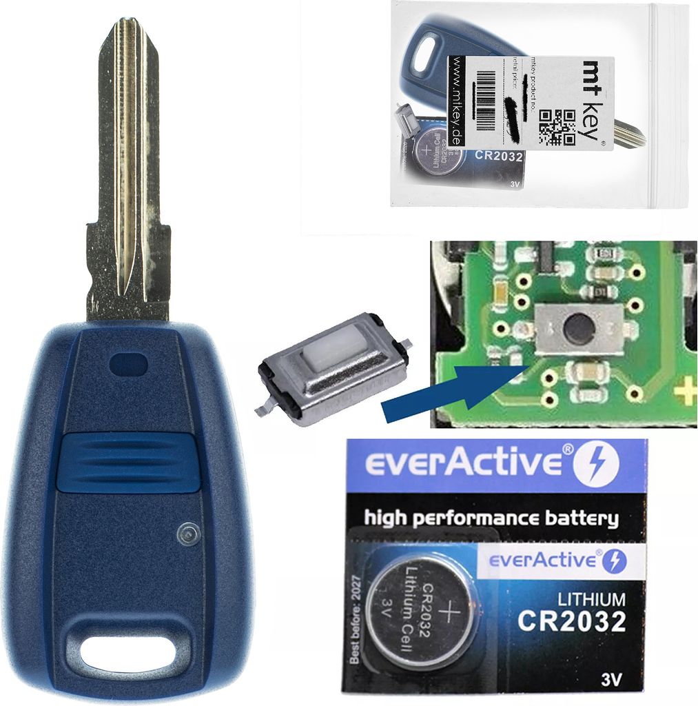 Repair Reparatur Satz Gehäuse Funkschlüssel 1x Gehäuse 1 Taster + 1x Rohling SIP22 + 1x Mikrotaster + 1x CR2032 Batterie kompatibel mit FIAT