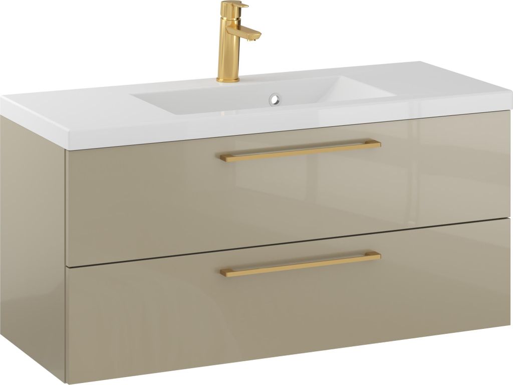Rosen 100.2 cm Badezimmerschrank in Cappuccino Hochglanz mit Waschbecken und Griffen in Edelstahl gebürstet - Zeitloses Design