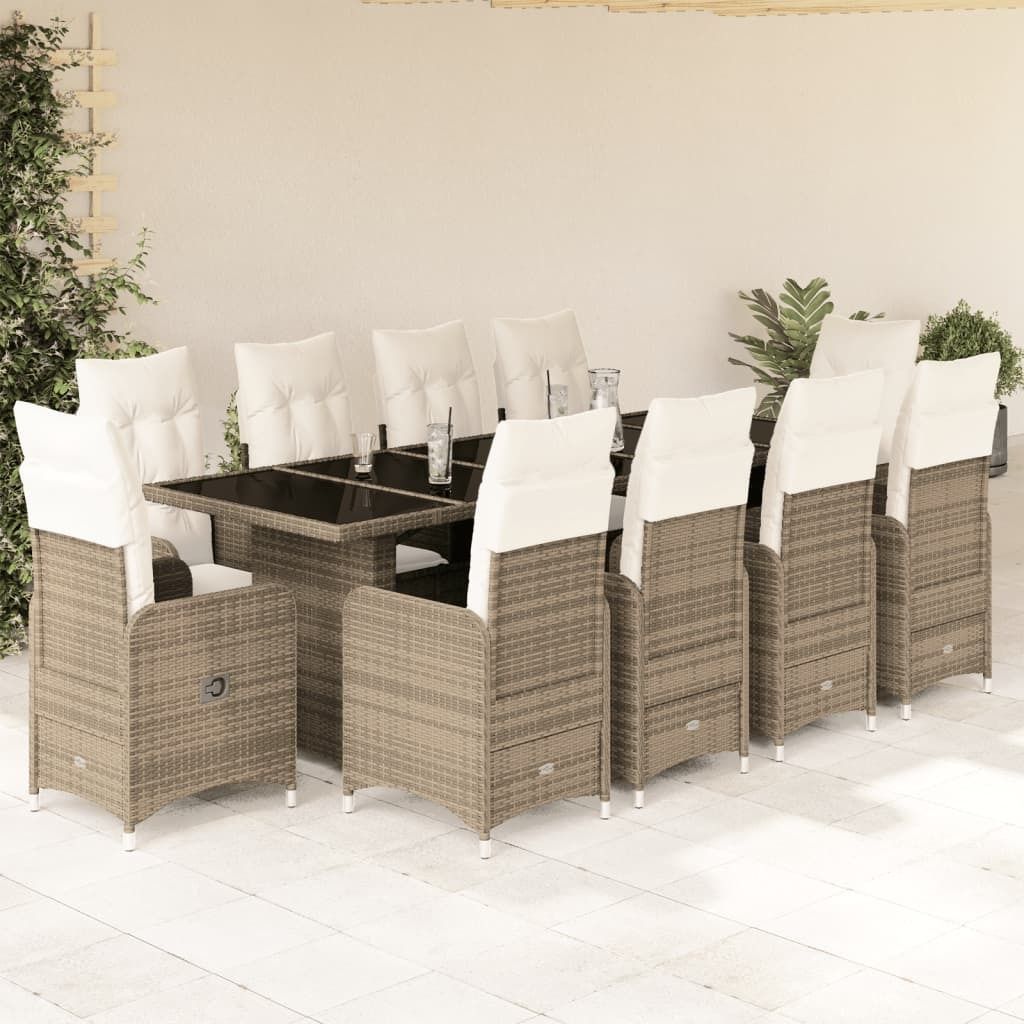Design 11-tlg. Garten-Bistro-Set mit Kissen Beige Poly Rattan, Gartenmöbel-Sets 2024 Neu