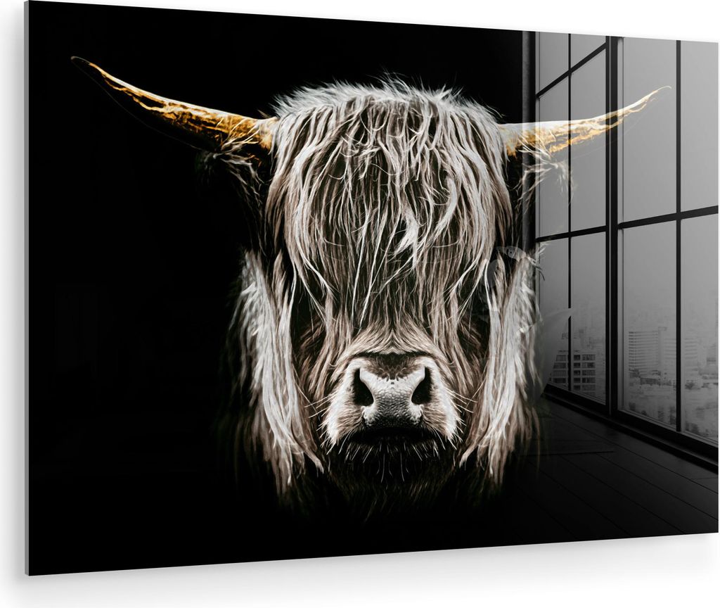MuchoWow Glasbilder - Bilder auf Wandbild - Foto auf Glas Schottisches Hochlandrind - Gold - Hörner - Schwarz und weiß - Kuh - Tiere 30x20 cm Wan...