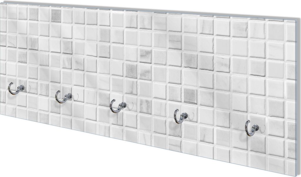 Wallario Flurgarderobe Wandgarderobe aus Glas, mit 5 Haken, Größe 80 x 30 cm, Motiv Fliesen im Bad weiß-grau