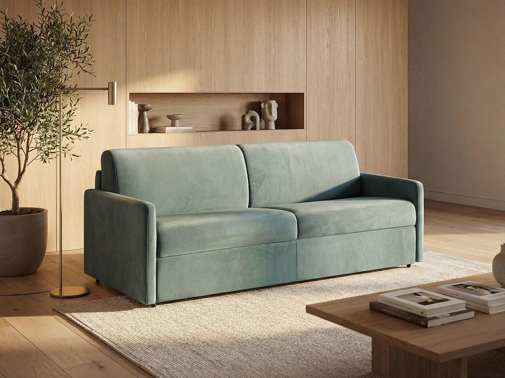 Vente-unique CALIFE, Sofabett, Wohnzimmer, Grün, 3 Sitz(e), Grün, Samt