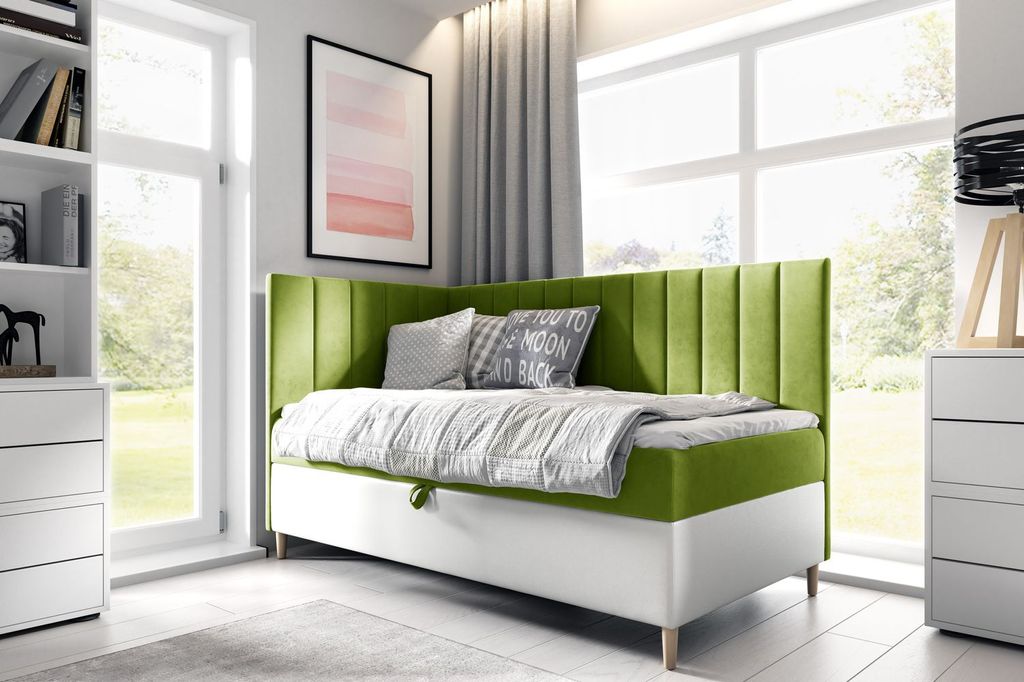Kontinentales Bett 80x200 MIREN 3 - grün/weiß, Öffnung links + GRATIS Matratzenauflage
