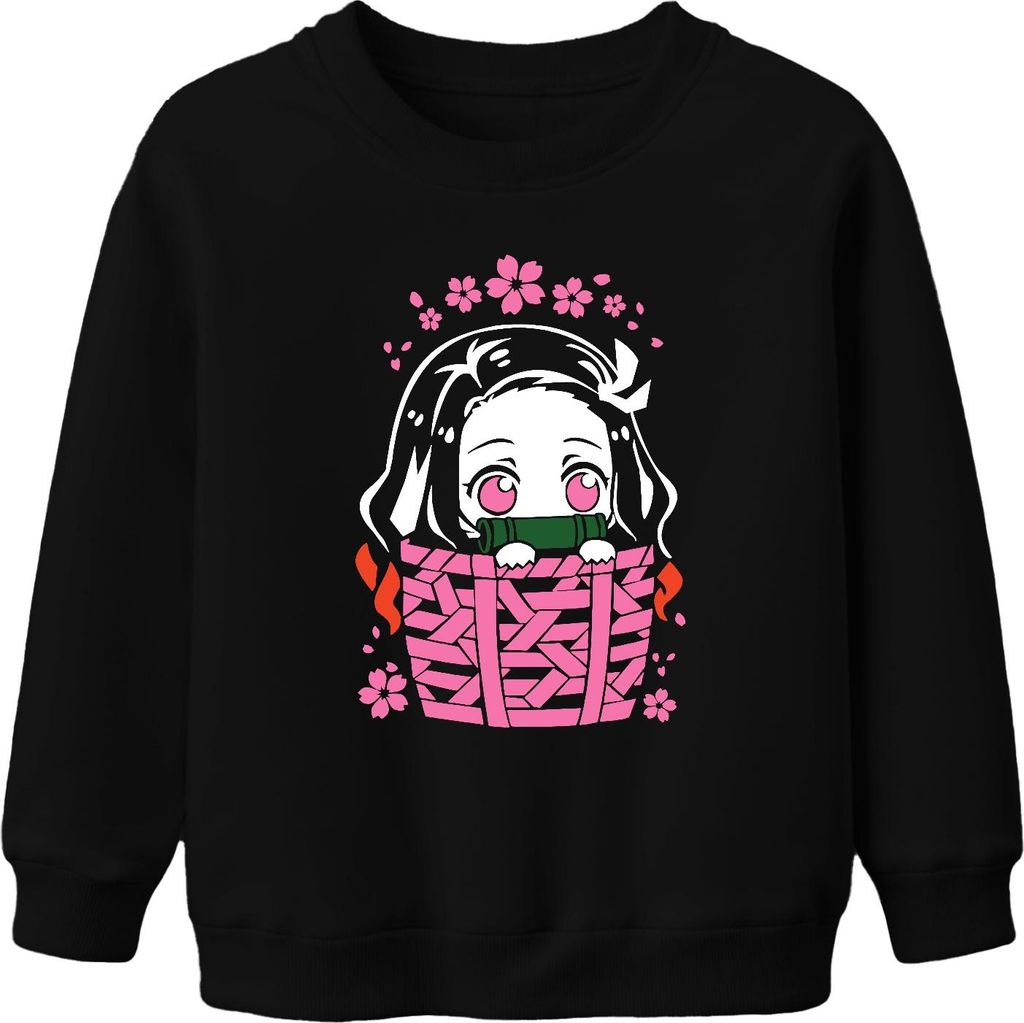 Nezuko Kimetsu No Yaiba Anime Kawaii Bambus Korb Sakura Geschenk Uni Kinder Sweatshirt Pullover, Schwarz, 128