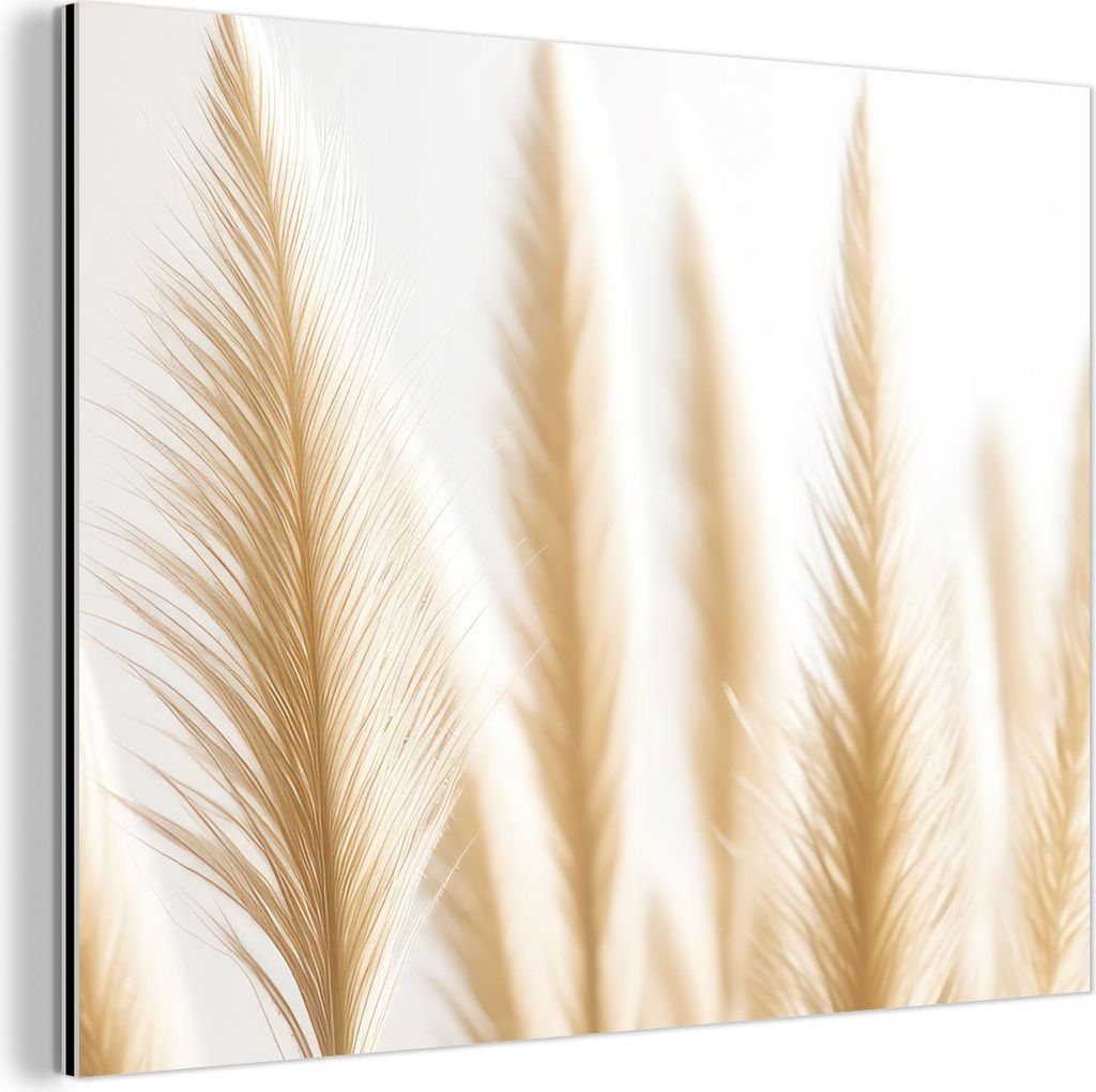 MuchoWow Wanddekoration Metall Metallbild Wandkunst 80x60 cm Pampasgras - Federn - Beige - Natur MuchoWow Aluminium Gemälde - Alubild