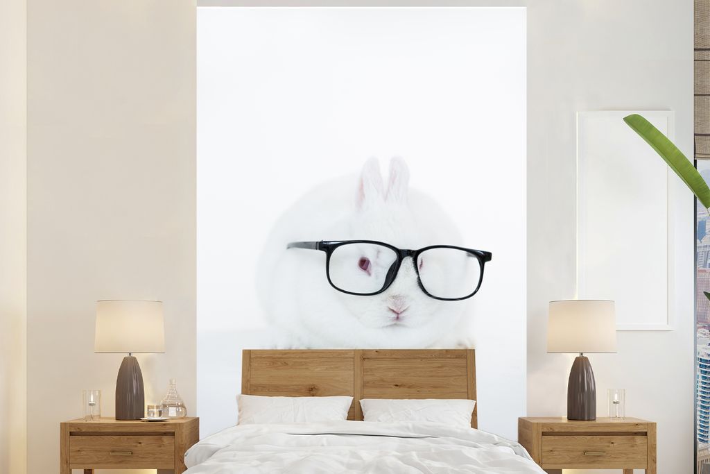 MuchoWow Fototapete für Wohnzimmer oder Schlafzimmer Wandtapete Vinyl Motivtapete Kaninchen - Brille - Hipster - 160x240 cm - Vinyltapete