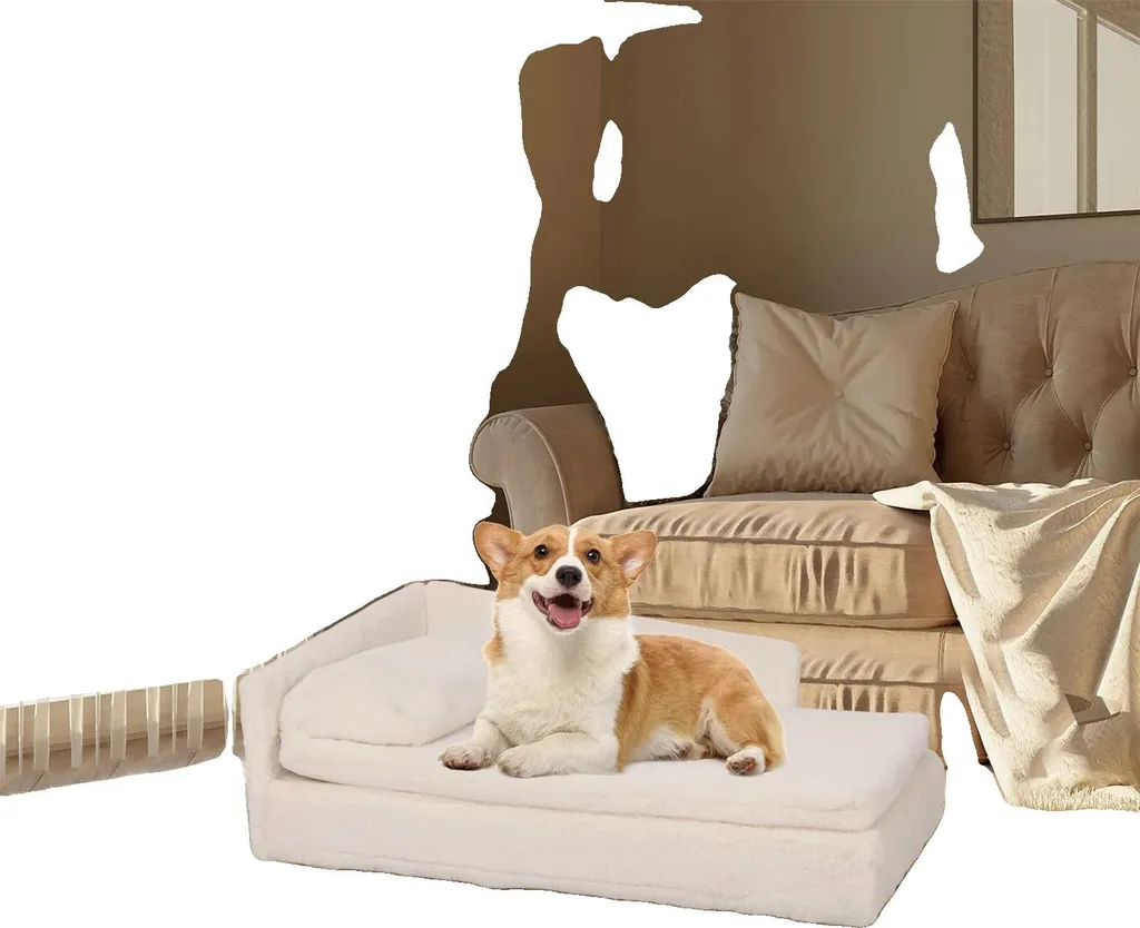 Lit pour chien blanc taille S imperméable avec pieds en bois stables
