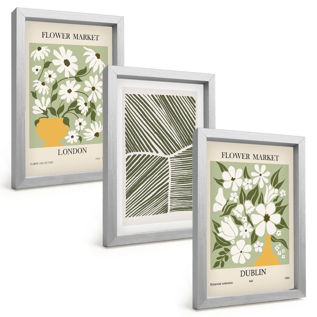 Bilder Set 3-teilig im silbergerahmten Rahmen – Wandbilder 3 Stück – gerahmte Poster für Wohnzimmer, Schlafzimmer und Flur – 20x30 cm – B...