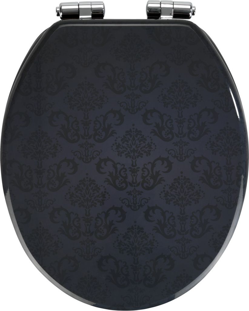 A top-down view of a black toilet seat with a damask pattern.