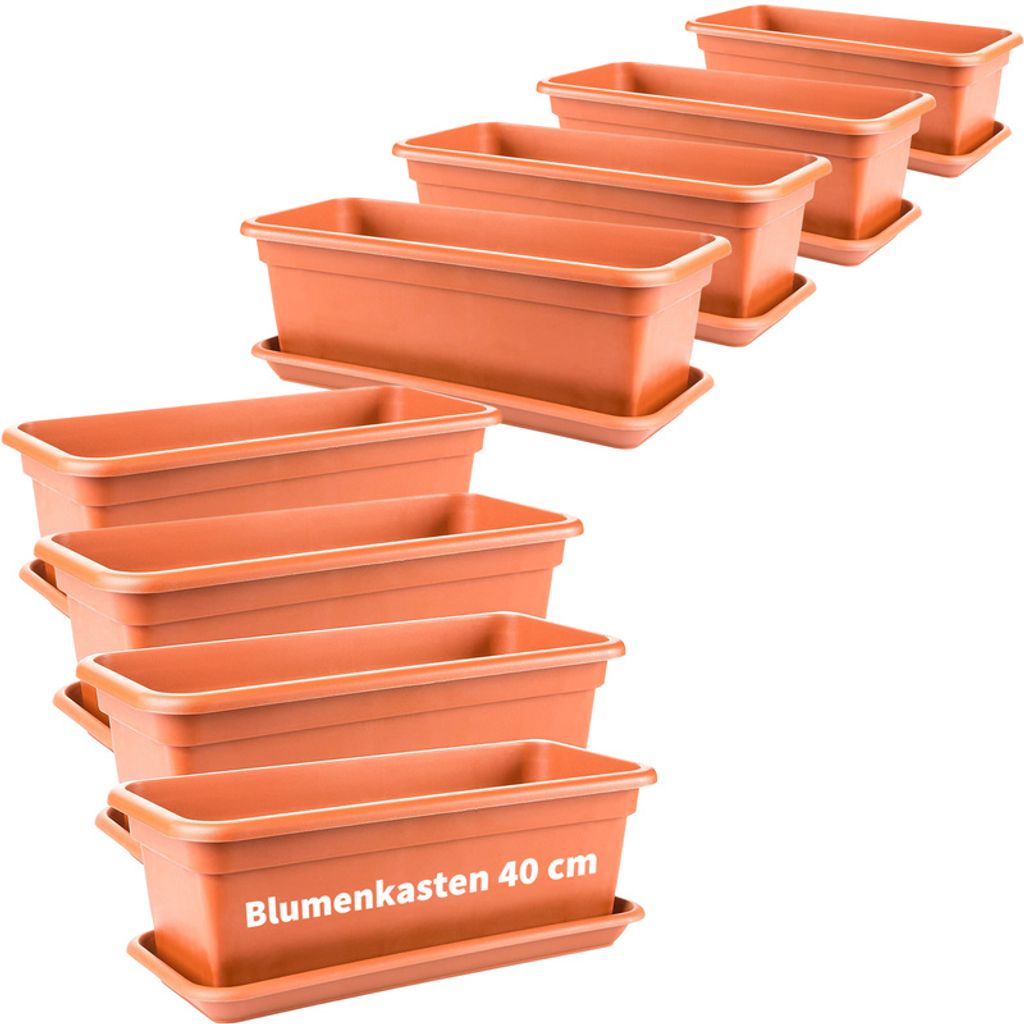 2friends Blumenkasten 40cm mit Untersetzer – 8er-Set, Terracotta, Balkonkästen aus Hochwertigem Kunststoff, EU-Herstellung