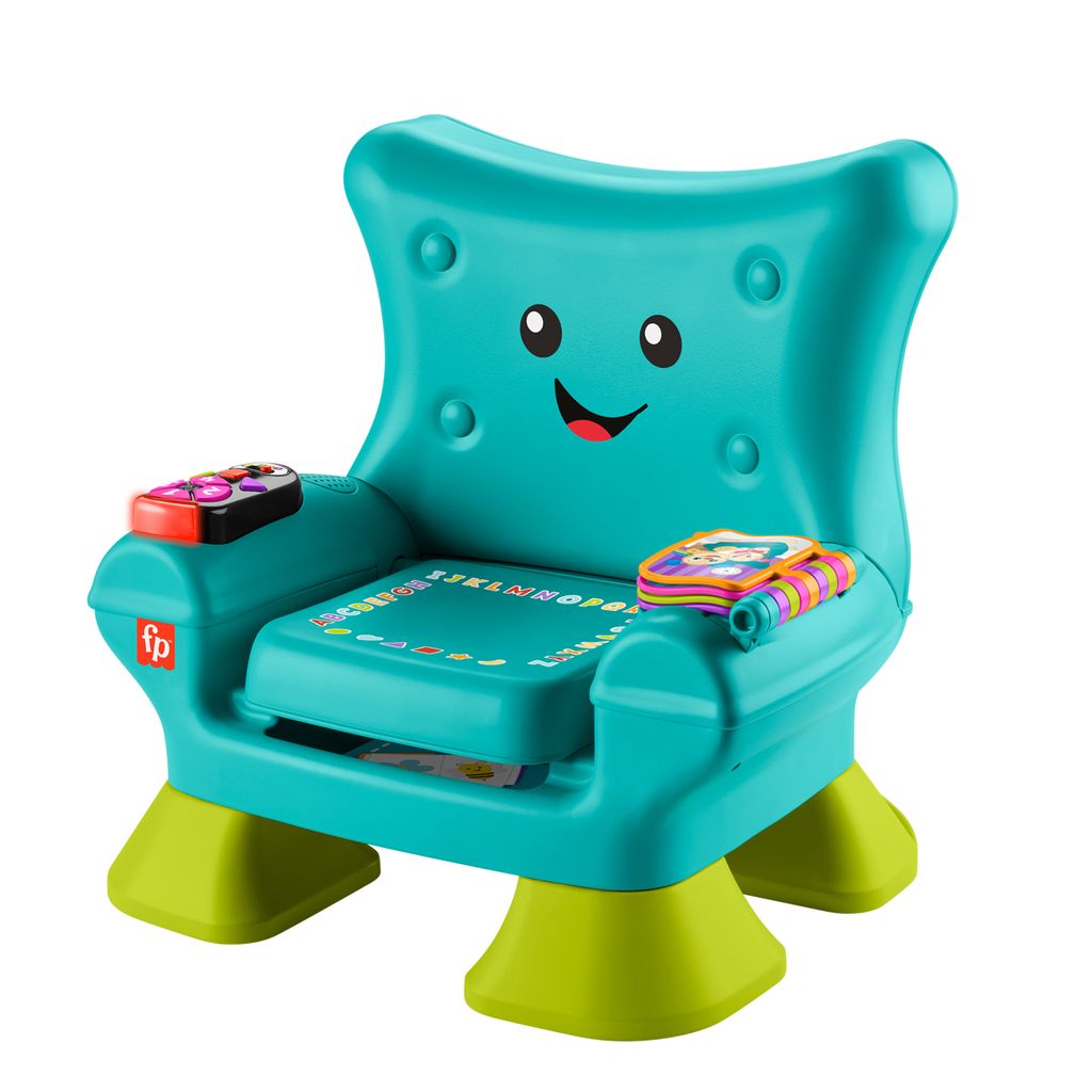 A teal and green Fisher-Price Lernspaß Musikstuhl toy chair with various interactive elements.