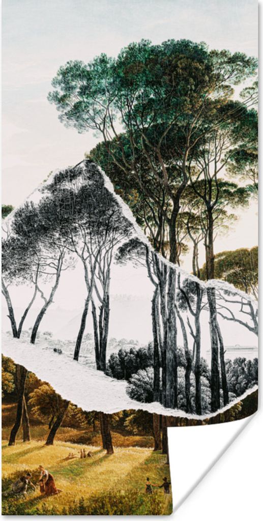 MuchoWow Poster Italienische Landschaft Schirmkiefern - Kunst - Hendrik Voogd - Malerei - Schwarz-Weiß - Alte Meister 60x120 cm - Wandschmuck