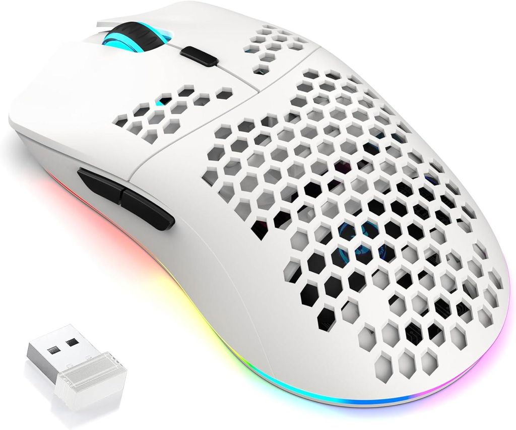 T66 PC Gaming Maus, Bluetooth/2.4G/Wired, Honeycomb Leichtgewicht, 3600 DPI, RGB Beleuchtung, Makro programmierbar, 650mAh Akku, Ergonomisch