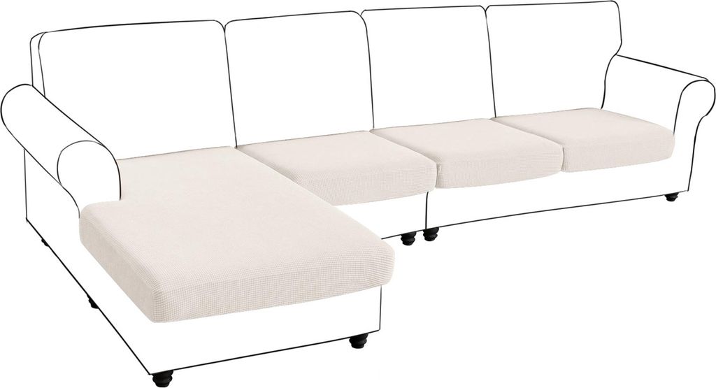 Sofa Sitzkissenbezug 3 Sitzer + Chaise, Stretch Jacquard L-Form Sofa Sitzkissen Sofabezug Schonbezug Sofaschoner, Weiß