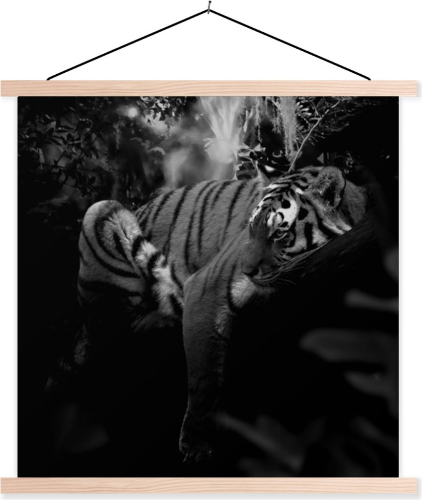 MuchoWow Textilposter Tiere - Tiger - Dschungel - Schwarz - Weiß 120x120 cm mit holzfarbenen Rahmen - Textil-Poster