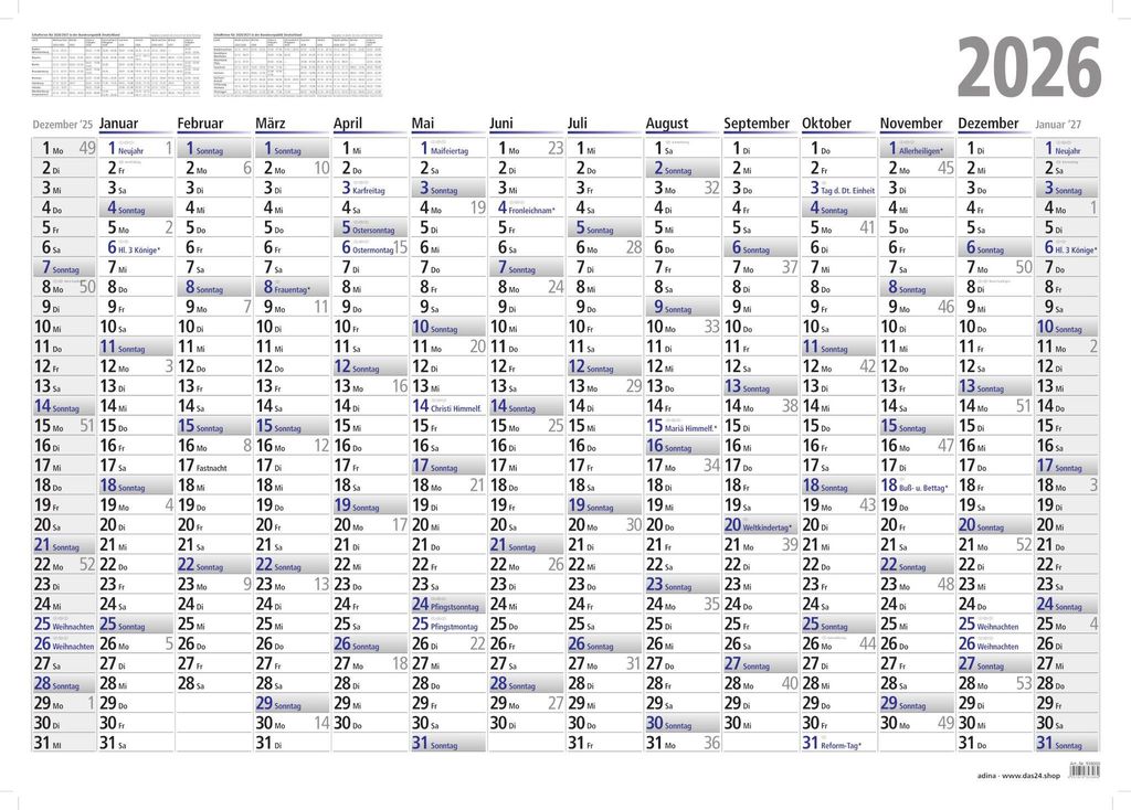 2026 ADINA Plakatkalender Wandkalender A2 60x42cm Produktbild 