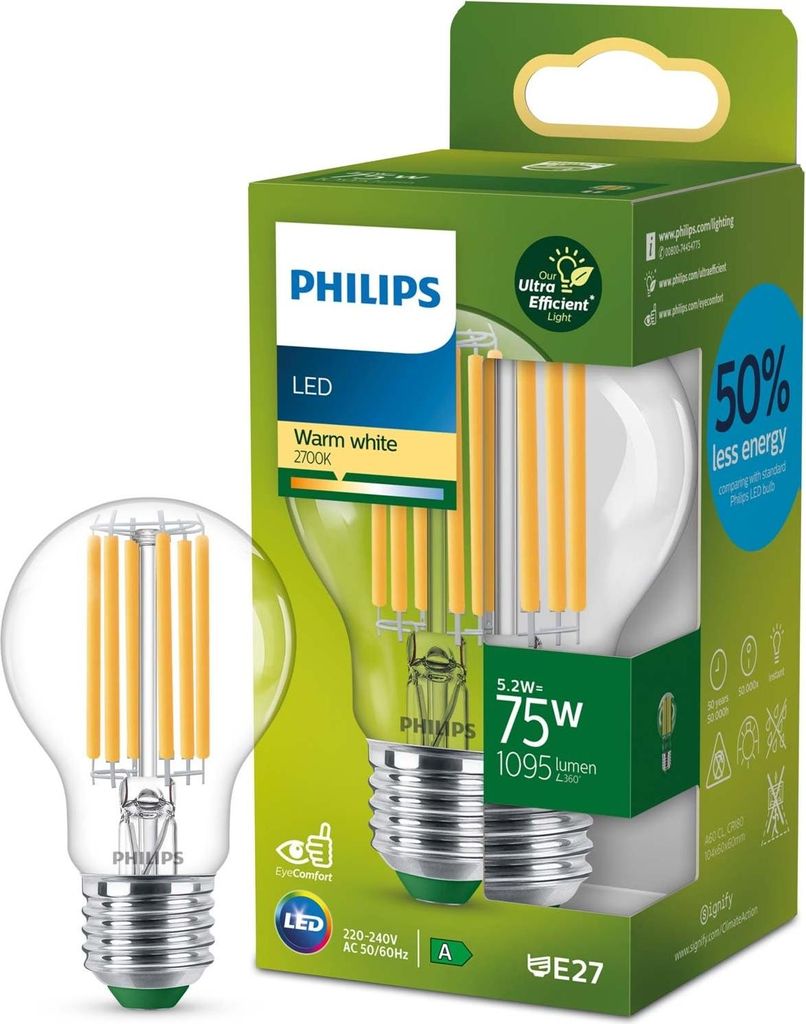 A Philips LED light bulb and its packaging are shown.