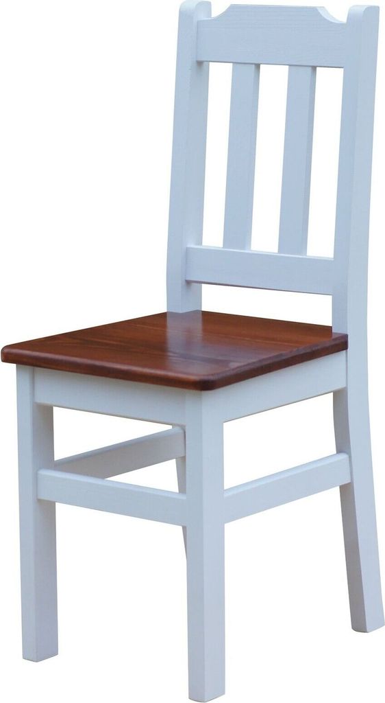 Weißer Stuhl aus massivem Kiefernholz mit Sitzfläche in der Farbe Calvados