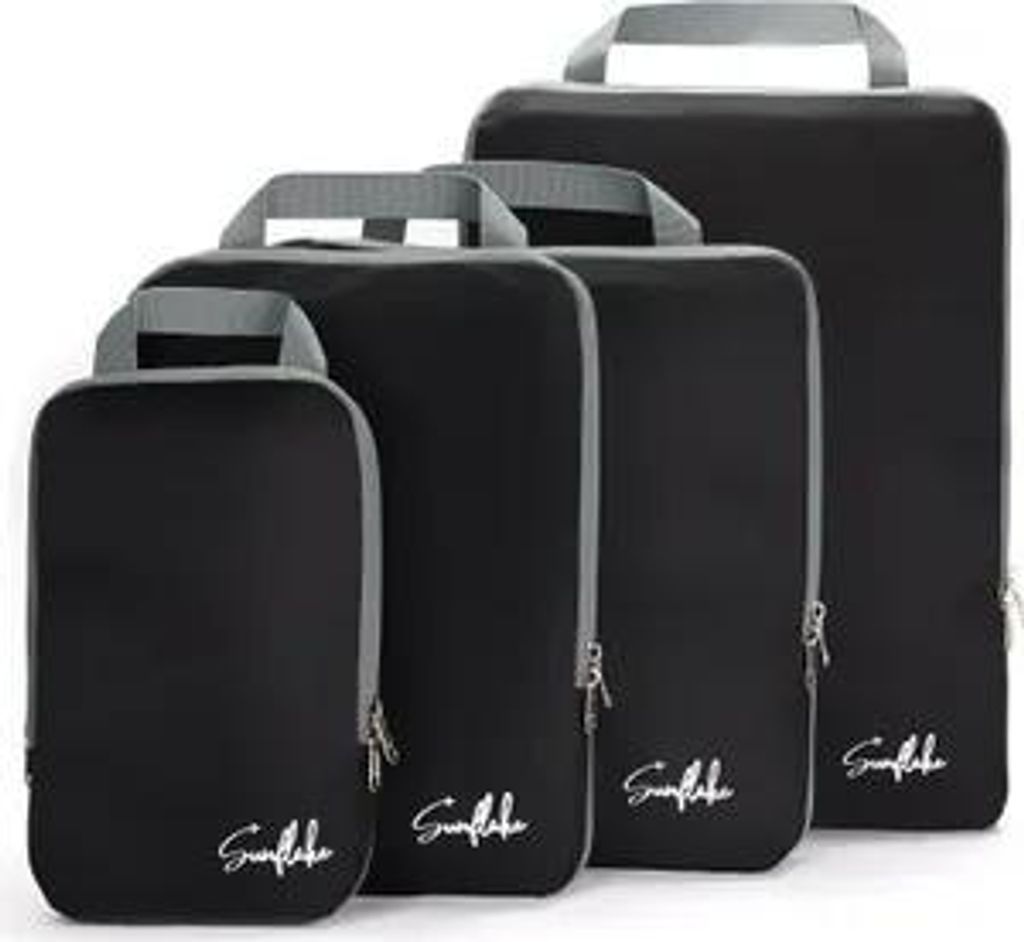 Sunflake Kompressions-Packwürfel – 4er-Set, Packing Cubes, Koffer Organizer für Urlaub und Reisen, Packtaschen - Schwarz