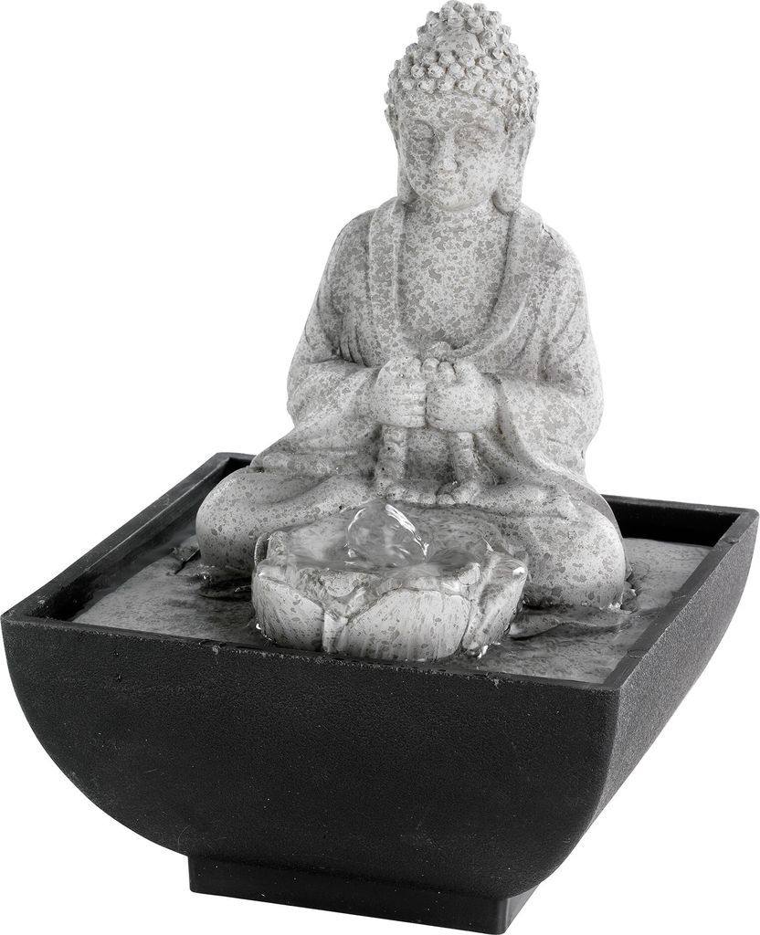 Buddha Brunnen mit LED Beleuchtung 13x18cm Keramik Grau / Schwarz