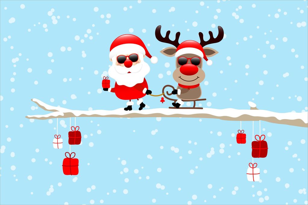 Wallario selbstklebendes Poster - Cooler Weihnachtsmann mit Rentier auf einem Ast, Größe: 61 x 91,50 cm