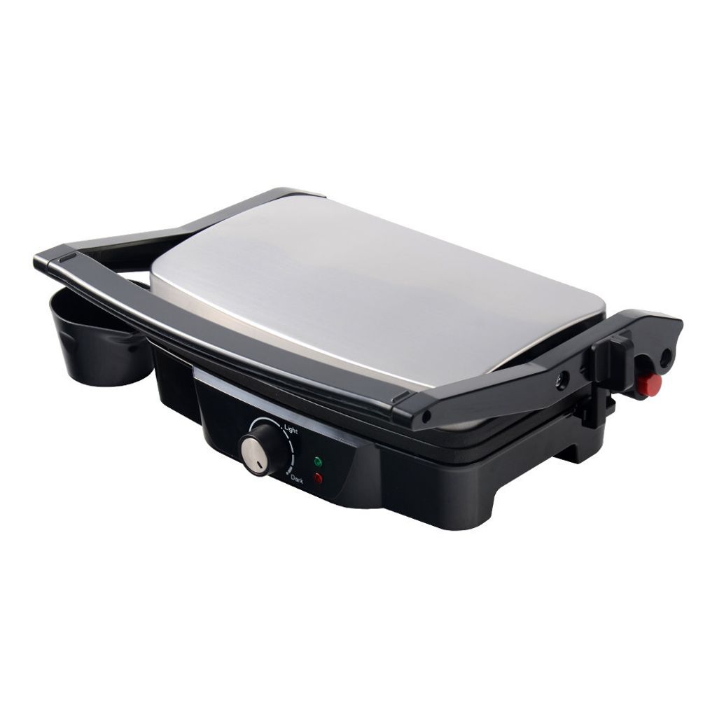 A black and silver electric grill is shown against a white background.