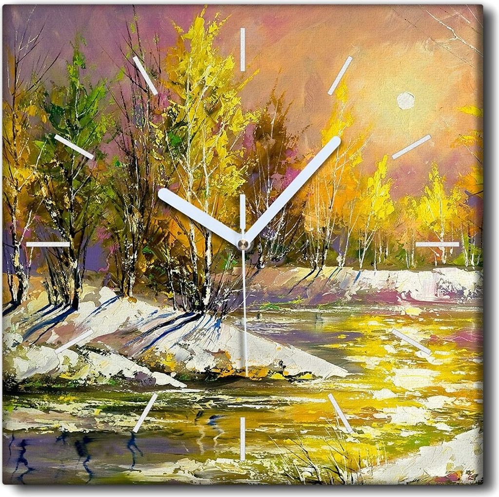 Coloray Uhr auf Leinwand 30x30 cm Wand Uhr Dekoration Wohnzimmer Segeltuch weiße Zeiger -Herbstlandschaft des Flusses