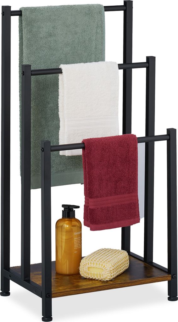 Relaxdays Handtuchständer, Ablage, 3 Stangen, HBT: 80 x 40 x 28 cm, Industrial, stehender Handtuchhalter, braun/schwarz