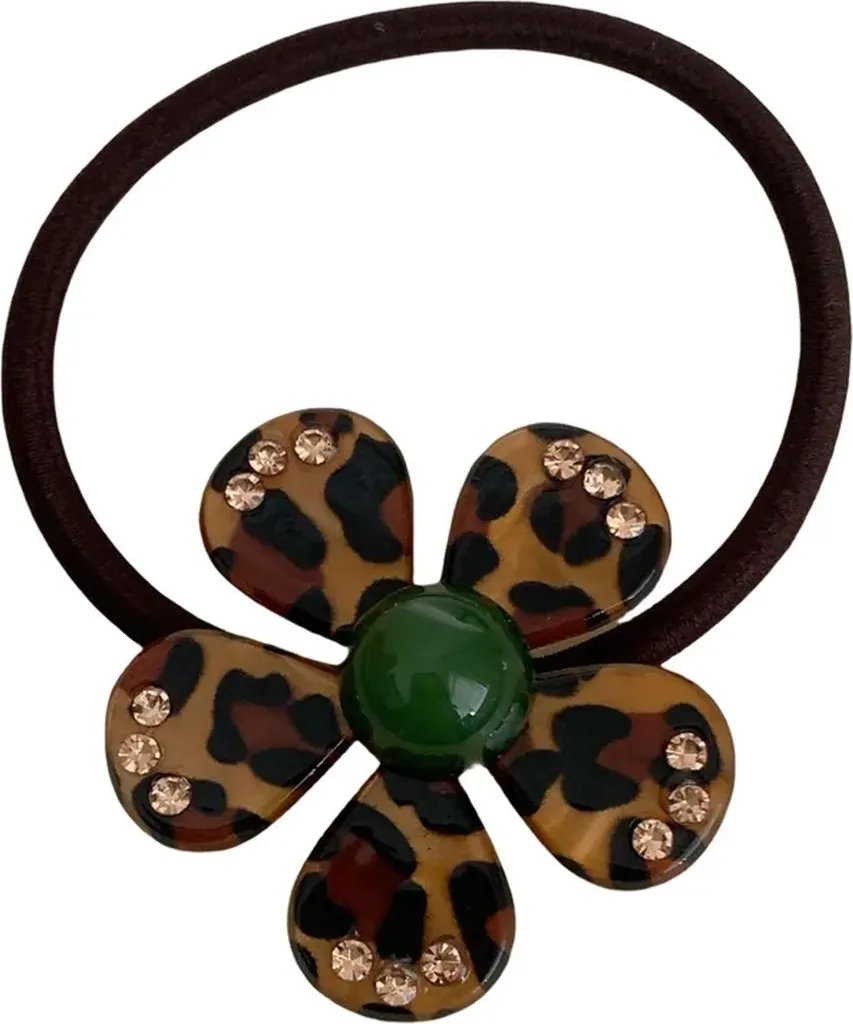 Fascetta per capelli con fiore perlato in fantasia leopardata marrone