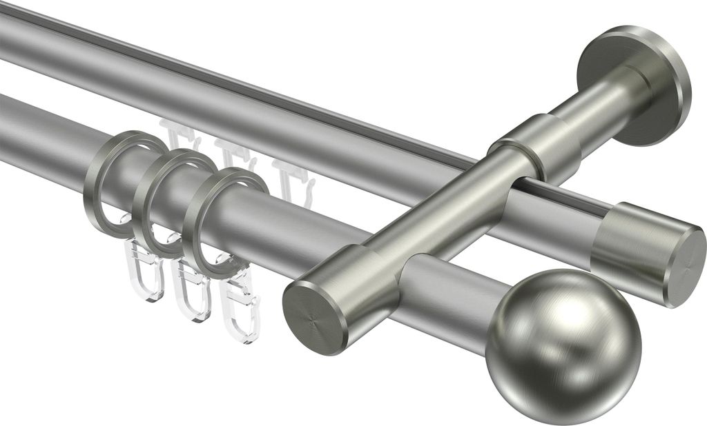 Interdeco Rundrohr-Innenlaufstange / Gardinenstange (Kombination) Silbergrau / Edelstahl-Optik, Typ Prestige Luino (Kugel), 20 mm Ø 2-läufig, 160 cm