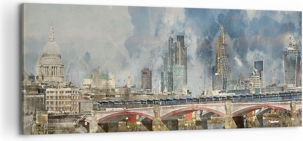 Bild auf Leinwand - Leinwandbild - Einteilig - London Aquarell Panorama - 100x40cm - Wand Bild - Wanddeko - Wandbilder - Leinwanddruck - Bilder - W...