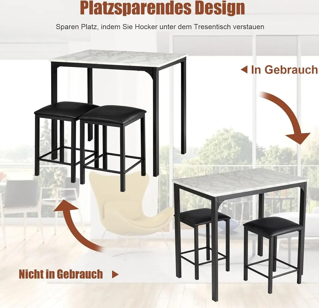 COSTWAY Ensemble Table de Bar avec 2 Tabourets Rembourrés Blanc 90cm - 3