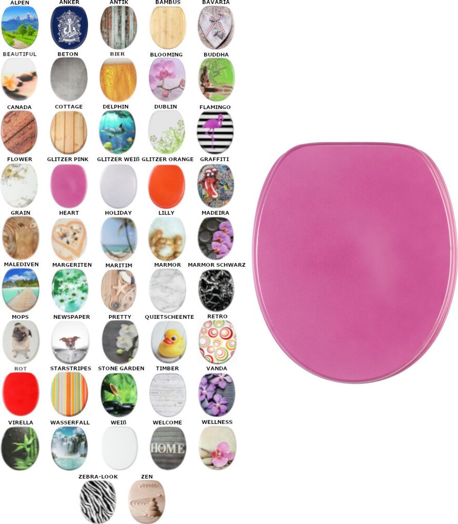A collage of various toilet seat designs next to a single pink toilet seat.