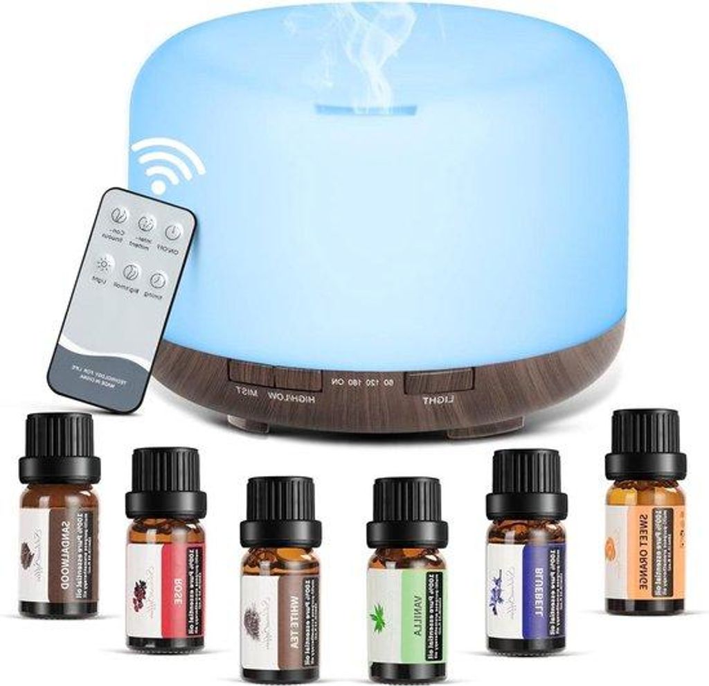 500ml Aromatherapie-Diffuser mit 6 x 10 ml Etherischen Ölen Set Stil Aroma Diffuser mit Fernbedienung, 7-Farben-LED-Licht und Timerfunktion, ideal...