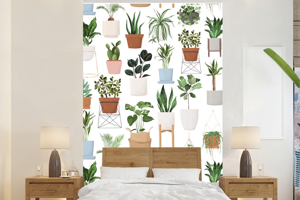 MuchoWow Fototapete für Wohnzimmer oder Schlafzimmer Wandtapete Vinyl Motivtapete Pflanzen - Pastell - Weiß - 145x220 cm - Wanddekoration