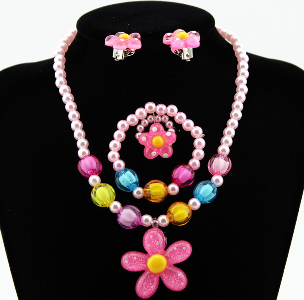 5-teiliges handgefertigtes Blumen-Halsketten-Armband-Ring-Ohrstecker-Kind-Mädchen-Schmuckset-Rosa