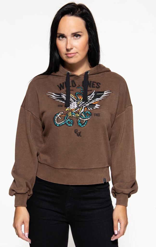 QUEEN KEROSIN Hoodie Acidwashed Wild Ones Ride Free Dunkelbraun M