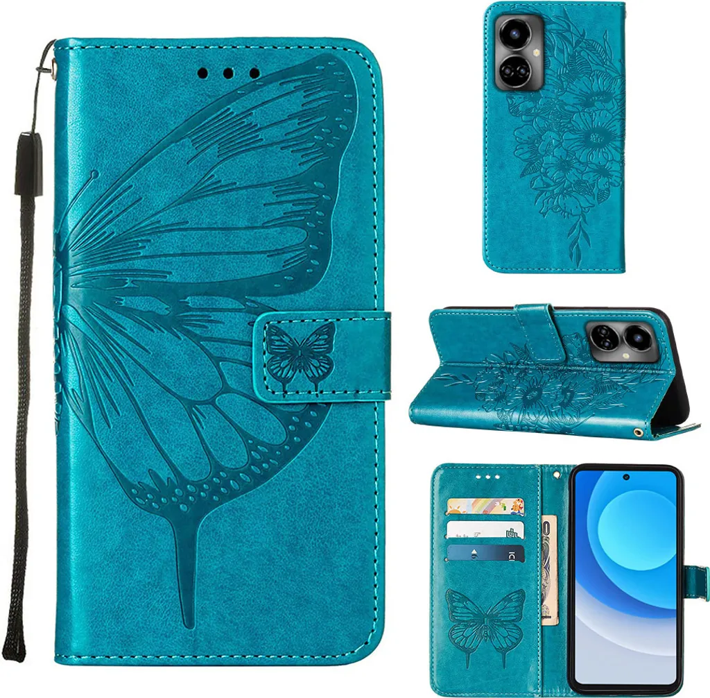 Cover Tecno Camon 19 Blu Farfalle - Portafoglio in Pelle Elegante