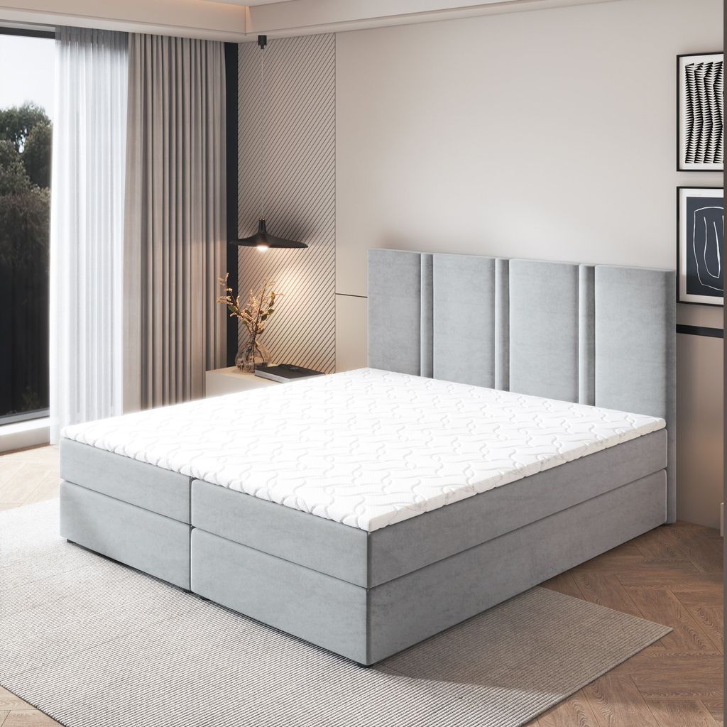 Masseno Boxspringbett LARIO 180x200 cm Komplett-Set mit Bonell Matratze und Topper, Polsterbett mit Bettkästen -Hellgrau, PAROS 05