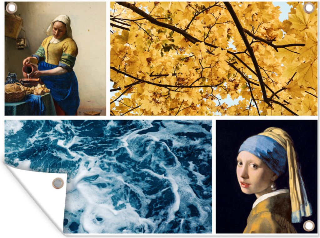 MuchoWow 80x60 cm Outdoor-Poster Gartendeko Sichtschutz Garten Poster für den Garten Milchmädchen - Mädchen mit Perlenohrring - Collage