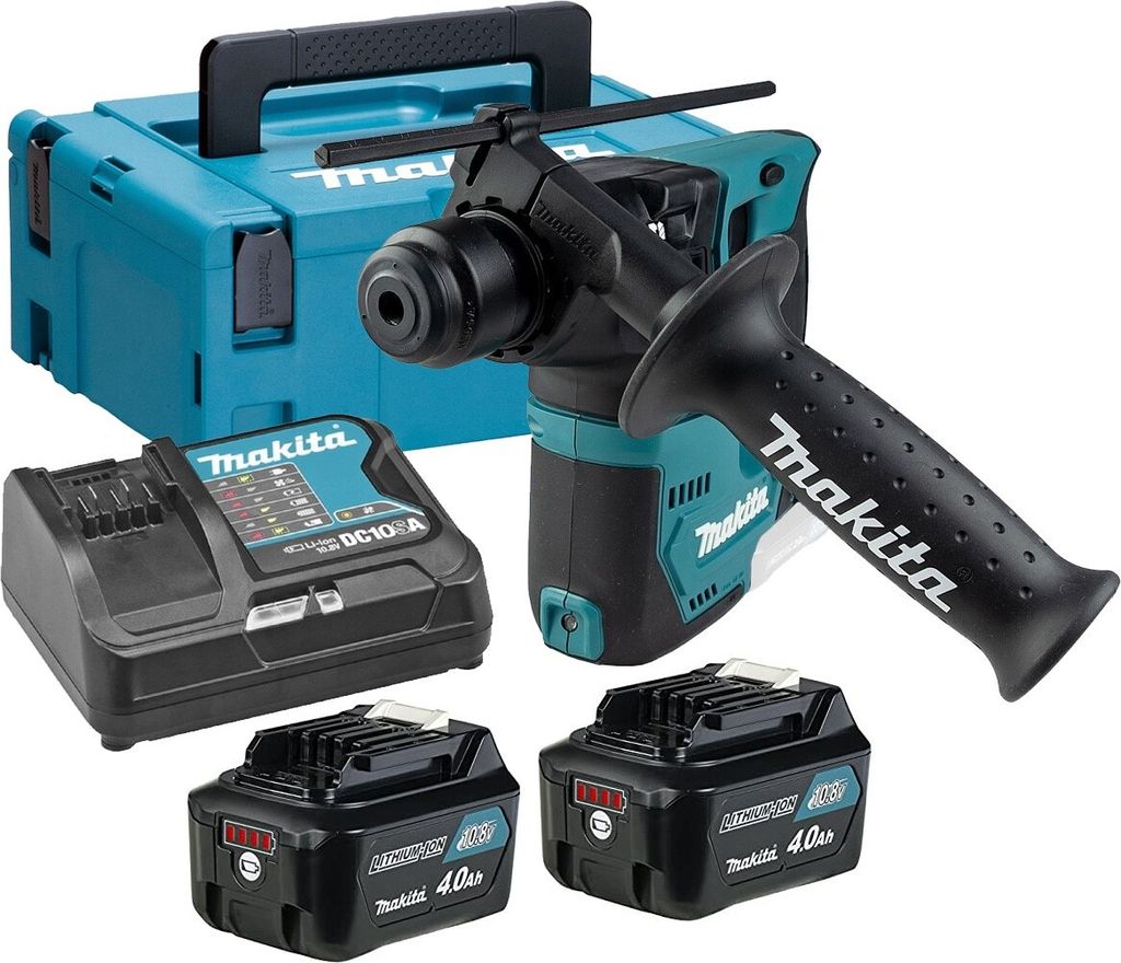 A cordless rotary hammer drill kit with accessories, including batteries, a charger, and a carrying case, displayed against a white background.
