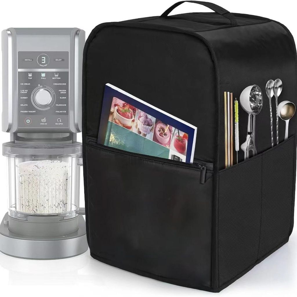 A blender and a storage cover for it are shown side-by-side.