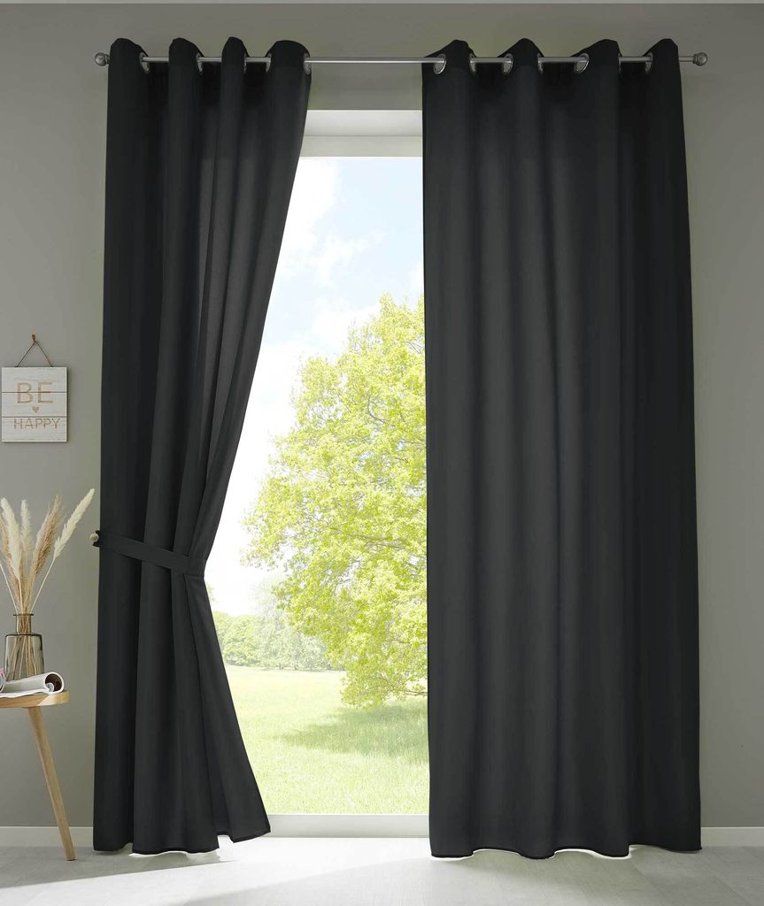 2er Set Vorhänge Schal Ösen »Berlin« HxB 245x140 cm Schwarz Blickdicht Microsatin Lichtdurchlässig Uni Matt, 20405N2