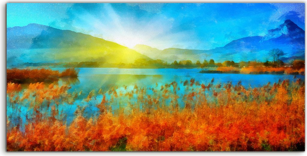 Coloray Canvas 140x70 Wandbild Leinwand Bilder Kunst Bild Berg Landschafts Gras Sonne