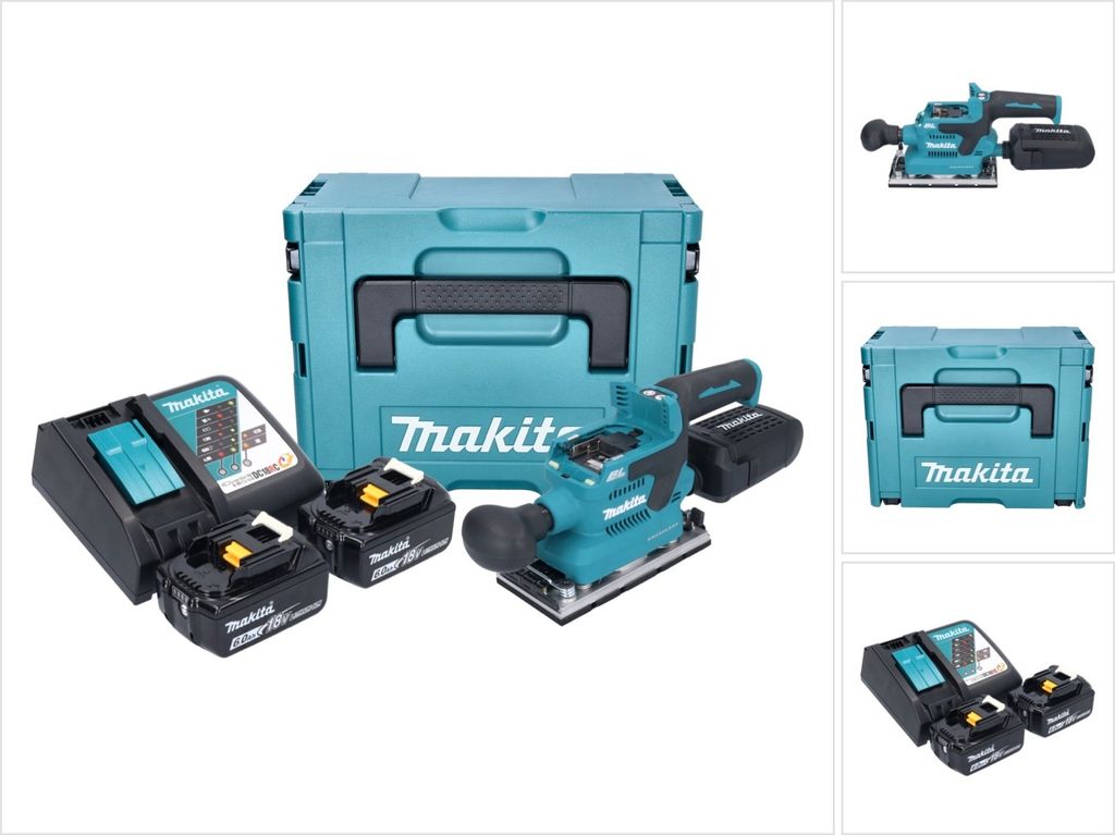 Makita DBO 382 RGJ Akku Schwingschleifer 18 V 93 x 185 mm Brushless + 2x Akku 6,0 Ah + Ladegerät + Makpac