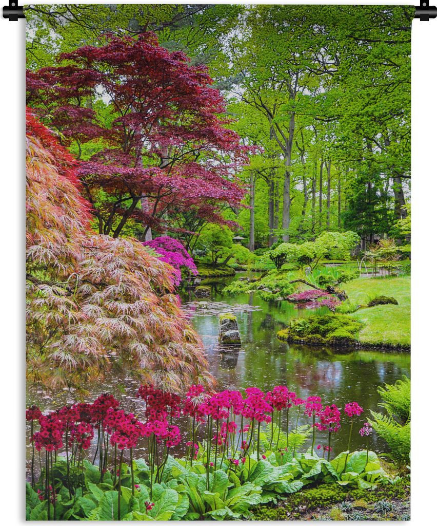 MuchoWow Wandteppich Wandbehang Bäume - Blumen - Japanisch - Natur - Wasser 120x160 cm Tapisserie Dekoration Wandtuch - Wohnzimmer - Moderne