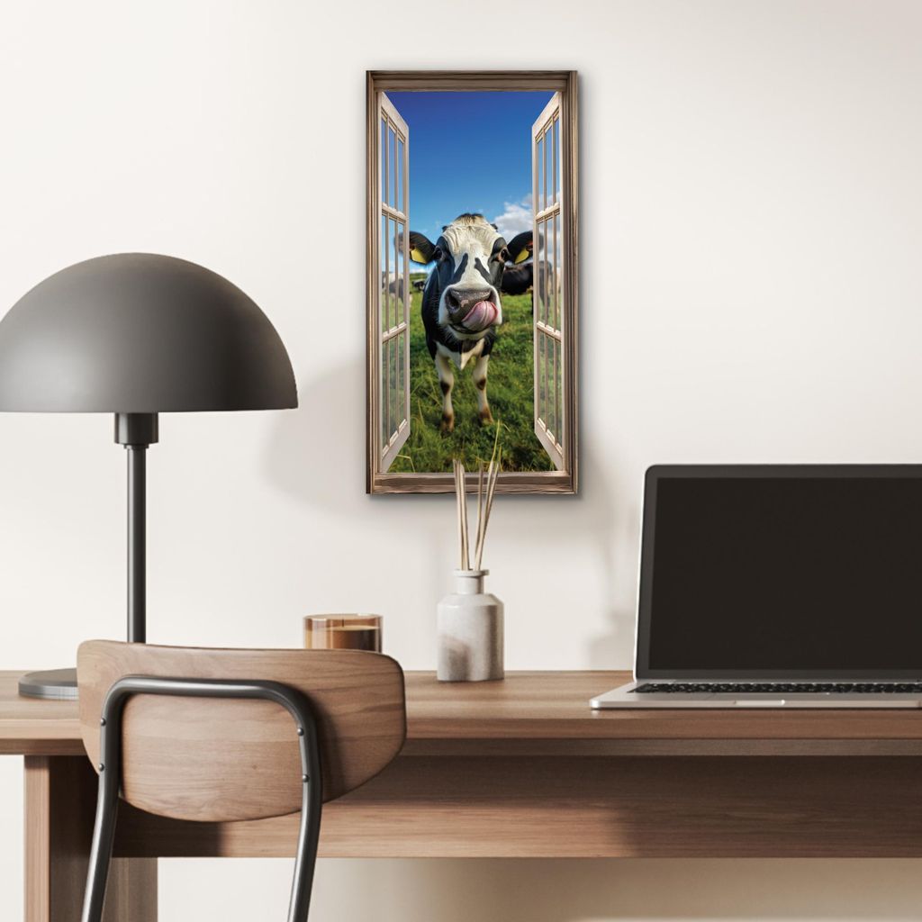 MuchoWow Wanddekoration Metall Metallbild Wandkunst 20x40 cm Durchgucken - Kuh - Wiese - Tiere - Natur MuchoWow Aluminium Gemälde - Aluminium Gem...