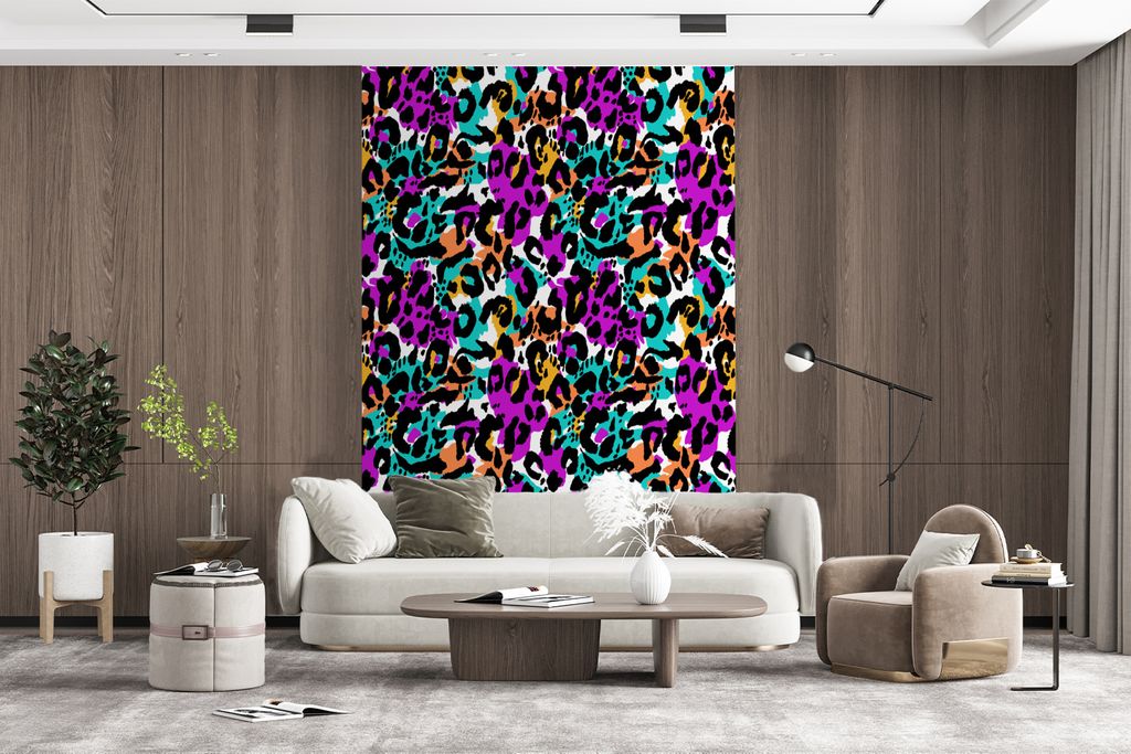MuchoWow Fototapete für Wohnzimmer oder Schlafzimmer Wandtapete Vinyl Motivtapete Regenbogen - Panther - Muster - 160x240 cm - Vinyltapete