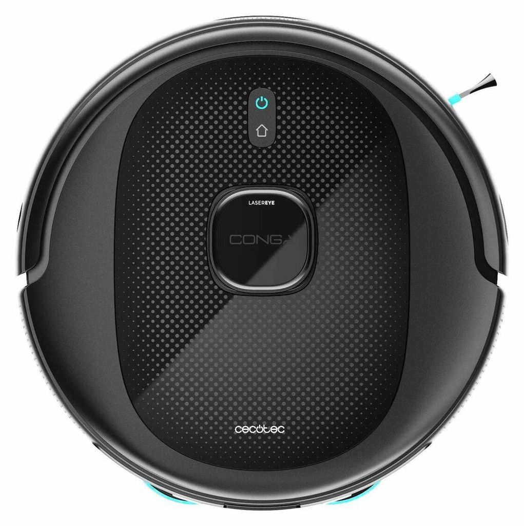 A top-down view of a black robot vacuum cleaner.