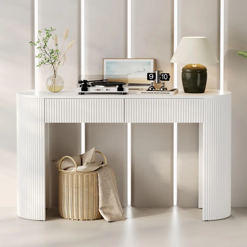 Buffet Console Blanc Façade Incurvée - Meuble Entrée Étroit à Tiroirs